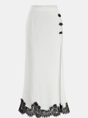 Knot Button Satin Lace Split Maxi Skirt